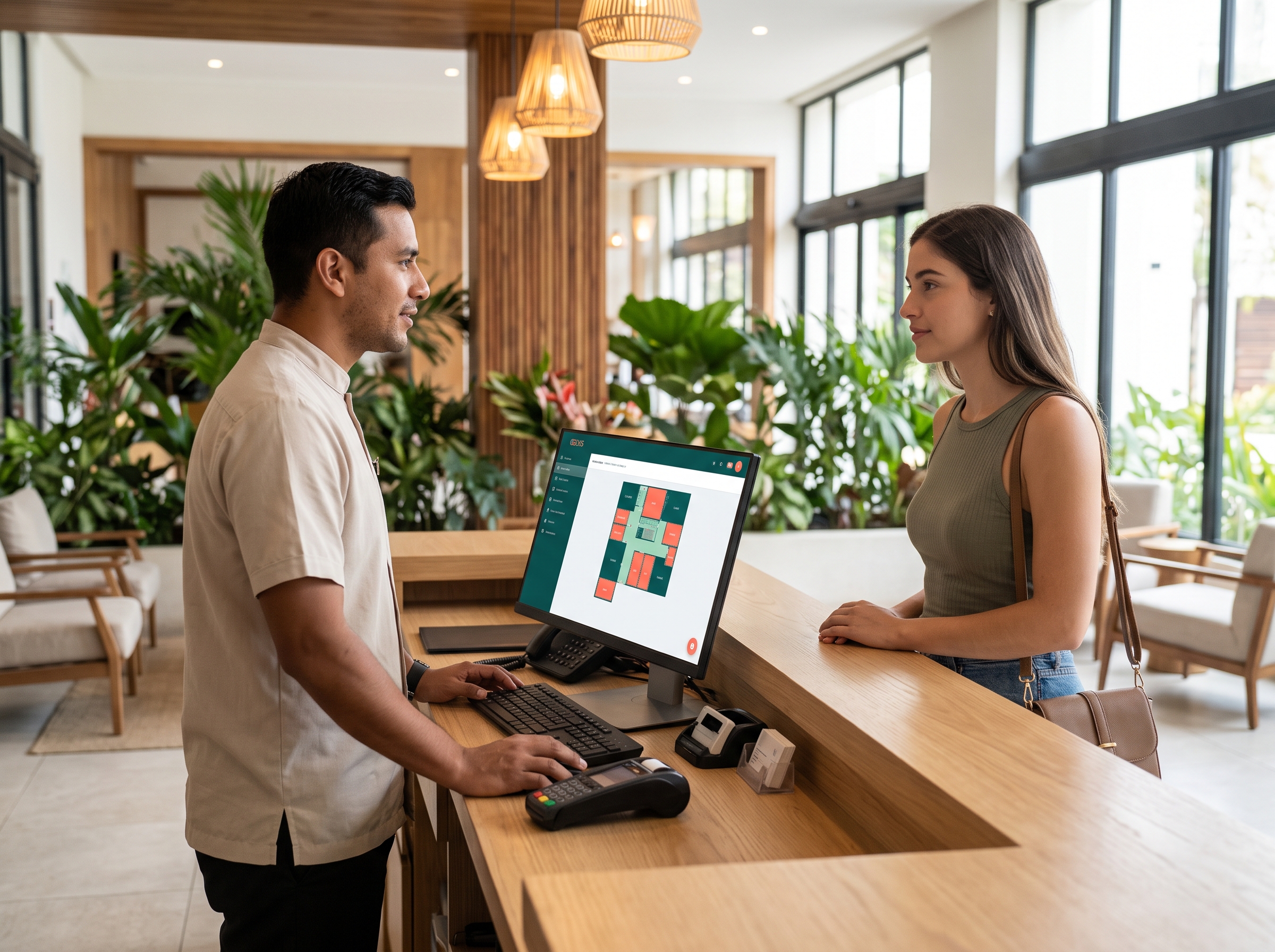 Recepción de hotel usando el PMS de SmartBedX