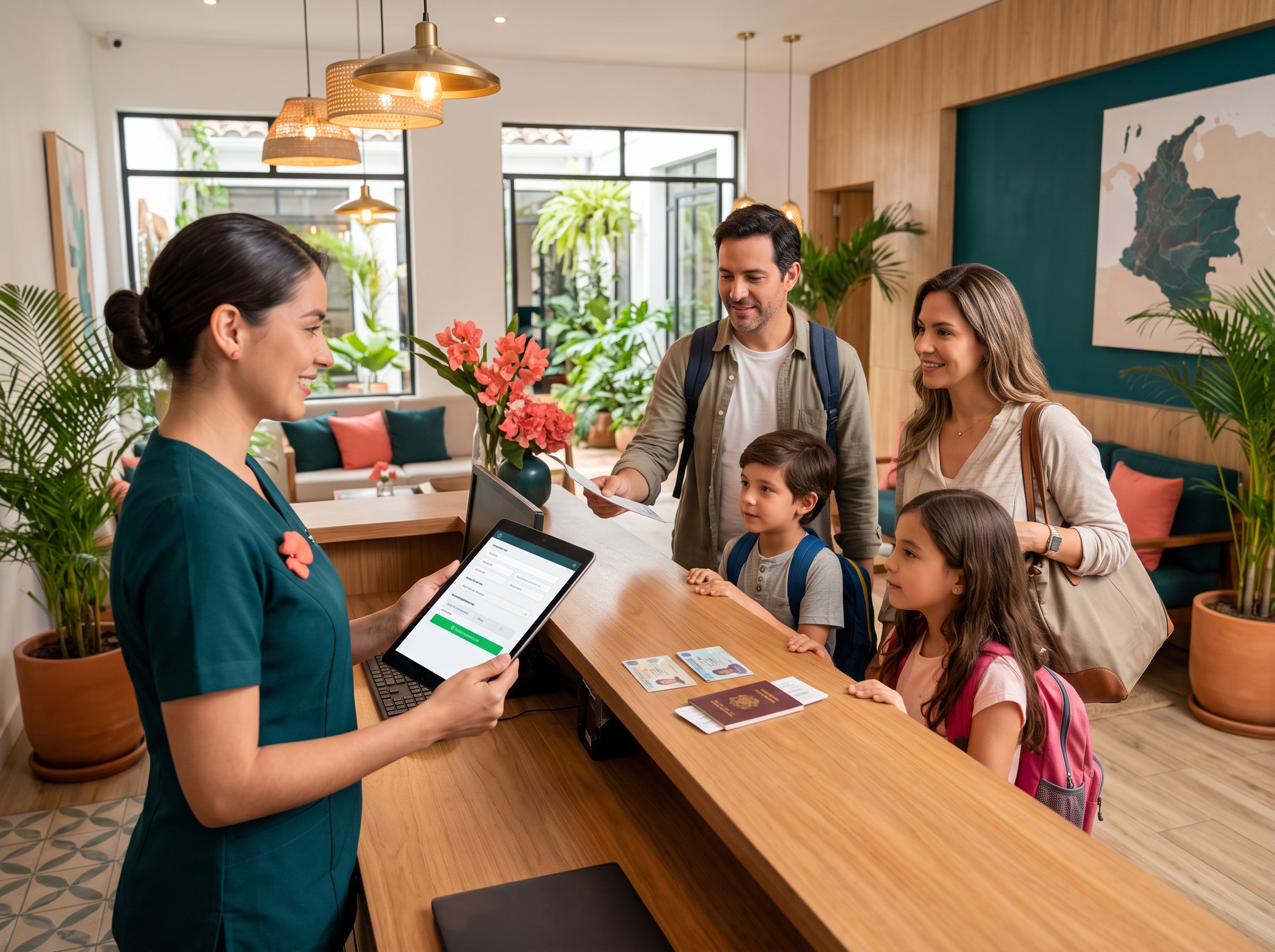Recepcionista registrando a una familia de huéspedes y sus acompañantes